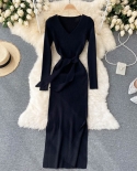 Long Sleeve Elegant Tight Knit Midi Dress Women Autumn Winter Solid Color V Neck Sweet  Vintage Long Sweater Dresses 202