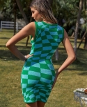 2022 Summer Sleeveless O Neck Elegant  Bodycon Knitted Dress Stitching Green Casual Beach Holiday Mini Dresses