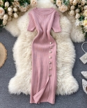 Women Solid Color O Neck Bodycon Split Maxi Dress Autumn Exotic Tight Elegant Female Knitted Party Fairy Dresses Clothe 