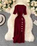 Women Solid Color O Neck Bodycon Split Maxi Dress Autumn Exotic Tight Elegant Female Knitted Party Fairy Dresses Clothe 