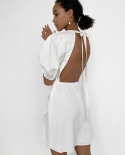 2022 French Style Lantern Sleeve Cotton Hemp Ruffled Dresses Lace Up Backless Design Oriented Mini Dress