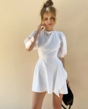 2022 French Style Lantern Sleeve Cotton Hemp Ruffled Dresses Lace Up Backless Design Oriented Mini Dress
