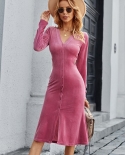 Autumn Winter Female Cut Out  Rosy Split Bodycon Formal Dresses Women V Neck Long Sleeve Elegant Tight Prom Dress