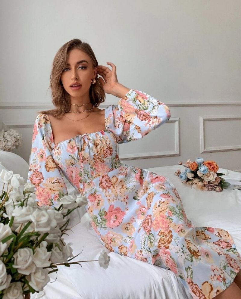 Female Long Sleeve Floral Backless Elegant Dresses For Women Square Collar Lace Up Puff Sleeve  Dress