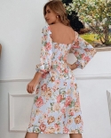 Female Long Sleeve Floral Backless Elegant Dresses For Women Square Collar Lace Up Puff Sleeve  Dress