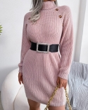 Elegant Long Sleeve Pink Knit Midi Dress Women Autumn Winter Solid Color Turtleneck Sweet  Casual Long Dresses 2022  Dre