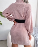 Elegant Long Sleeve Pink Knit Midi Dress Women Autumn Winter Solid Color Turtleneck Sweet  Casual Long Dresses 2022  Dre