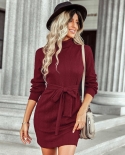 Long Sleeve Elegant Tight Knit Mini Dress Women Autumn Winter Solid Color V Neck Sweet  Vintage Long Sweater Dresses 202
