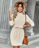 Long Sleeve Elegant Tight Knit Mini Dress Women Autumn Winter Solid Color V Neck Sweet  Vintage Long Sweater Dresses 202