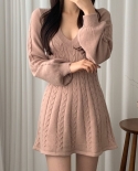 Long Sleeve Elegant Pink Mini Knit Dress Women Autumn Winter Solid Color Aline Puff Sleeve Sweet Short Sweater Dresses 2