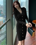 Long Sleeve Elegant Tight Knit Midi Dress Women Autumn Winter Solid Color V Neck Sweet  Vintage Long Sweater Dresses 202