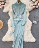 Long Sleeve Elegant Tight Knit Maxi Dress Women Autumn Winter Solid Color V Neck Sweet  Vintage Long Sweater Dresses 202
