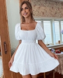 Women Puff Sleeve Ruffle Edge Backless Summer  Dresses Female Lace Up Solid Color Square Collar Sweet White Dress