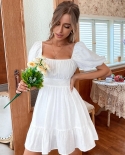 Women Puff Sleeve Ruffle Edge Backless Summer  Dresses Female Lace Up Solid Color Square Collar Sweet White Dress