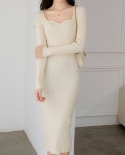 Elegant Long Sleeve Apricot Sweet Midi Knit Dress Women Autumn Solid Color U Neck Vintage Long Sweater Dresses 2022