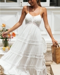 2022 New Womens White Boho Slip Dress Female Fashion Solid Color Patch Work Young Style High Waist Backless Maxi Dresse