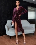  Black  Wrap Dress Women Y2k Autumn French Vneck Long Sleeve Velvet Sequin Club Midi Evening Party Dresses With Slit  Dr