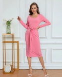 Womens Long-sleeved Straps Slit Strip Mid-length Solid Color Dress