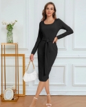 Womens Long-sleeved Straps Slit Strip Mid-length Solid Color Dress