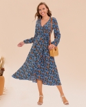 Womens Clothing Autumn And Winter V-neck Long-sleeved Straps Floral Mid Length Dress