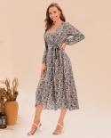 Womens Clothing Autumn And Winter V-neck Long-sleeved Straps Floral Mid Length Dress