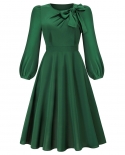 Autumn And Winter New Round Neck Bow A-line Mid-length Skirt Long-sleeved Dress