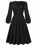 Autumn And Winter New Round Neck Bow A-line Mid-length Skirt Long-sleeved Dress