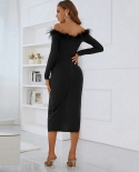 Early Autumn New Womens Clothing Long-sleeved One-word Collar Dress Bandage Feather Skirt