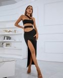 Vestido de vendaje para mujer Nueva moda Diseño hueco Hombro oblicuo Falda larga