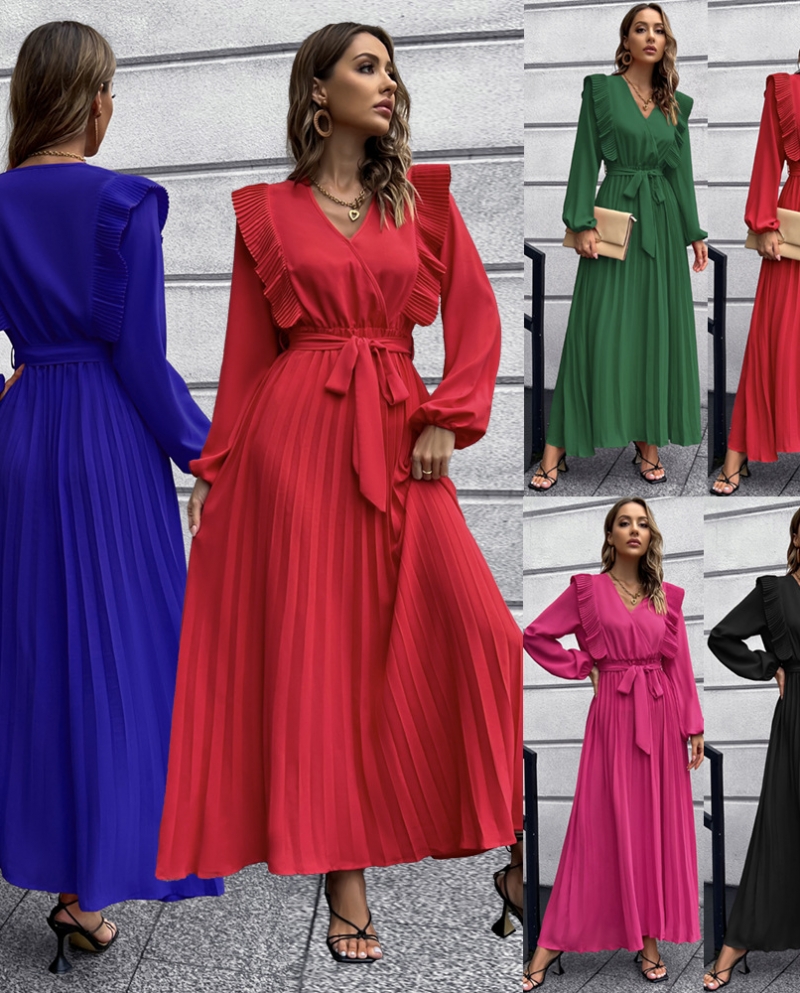 סתיו וחורף 2022 בגדי נשים חדשים טמפרמנט שמלת קפלים עם צווארון V אירופה וארצות הברית חצאית ארוכה