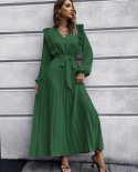 Autumn And Winter New Womens Clothing Temperament V-neck Pleated Dress Long Skirt