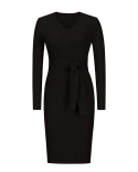 Autumn And Winter Womens New Temperament Long-sleeved V-neck Slim Strap Mid-length Dress