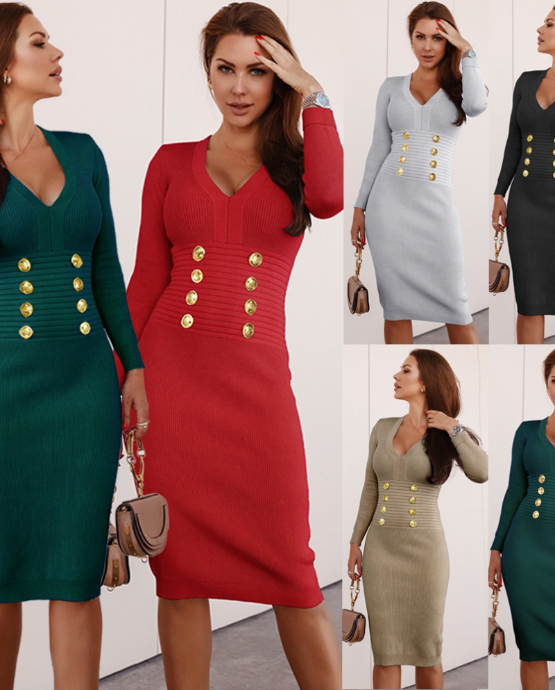 Slim Fit V-neck Double-breasted Knitted Sweater Dress Autumn And Winter Bottoming Dress