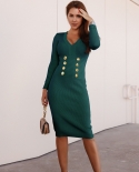 Slim Fit V-neck Double-breasted Knitted Sweater Dress Autumn And Winter Bottoming Dress