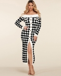 Autumn And Winter Womens New Off-the-shoulder Long-sleeved Plush Knitted Plaid Dress