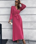 Autumn And Winter Womens New V-neck Long-sleeved Pleated A-line Skirt Mid-length Dress