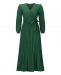Autumn And Winter Womens New V-neck Long-sleeved Pleated A-line Skirt Mid-length Dress