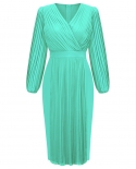 Womens New Elegant Pleated Lantern Sleeve V-neck Slim Dress