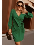 Autumn And Winter New Women Temperament Puff Sleeves V-neck Lace-up Dress