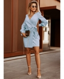 Autumn And Winter New Women Temperament Puff Sleeves V-neck Lace-up Dress