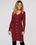 Autumn And Winter Womens New Slim Ribbed V-neck Button-decorated Dress