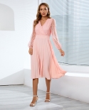 Autumn And Winter New V-neck Lace Pleated Dress