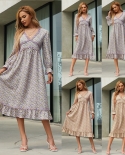 Floral Long-sleeved Dress Plus Size Womens Fungus Edge Evening Dress