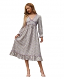 Floral Long-sleeved Dress Plus Size Womens Fungus Edge Evening Dress
