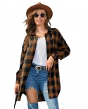 Large Size Womens Long-sleeved Autumn Mid-length Plaid Shirt Retro Jacket