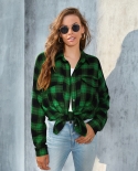 Plus Size Womens Long-sleeved New Plaid Button Shirts Top Coat