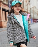 Jaqueta infantil nova jaqueta xadrez de comprimento médio para meninas de inverno