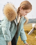 Jaqueta de penas infantil para meninas de comprimento médio novo casaco de gola grande de pele engrossado roupas de inverno