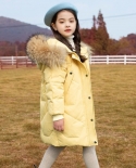 Jaqueta de penas infantil para meninas de comprimento médio novo casaco de gola grande de pele engrossado roupas de inverno