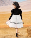 Girls Knitted Dress Mesh Performance Skirt Black And White Stitching Sequins Princess Dress